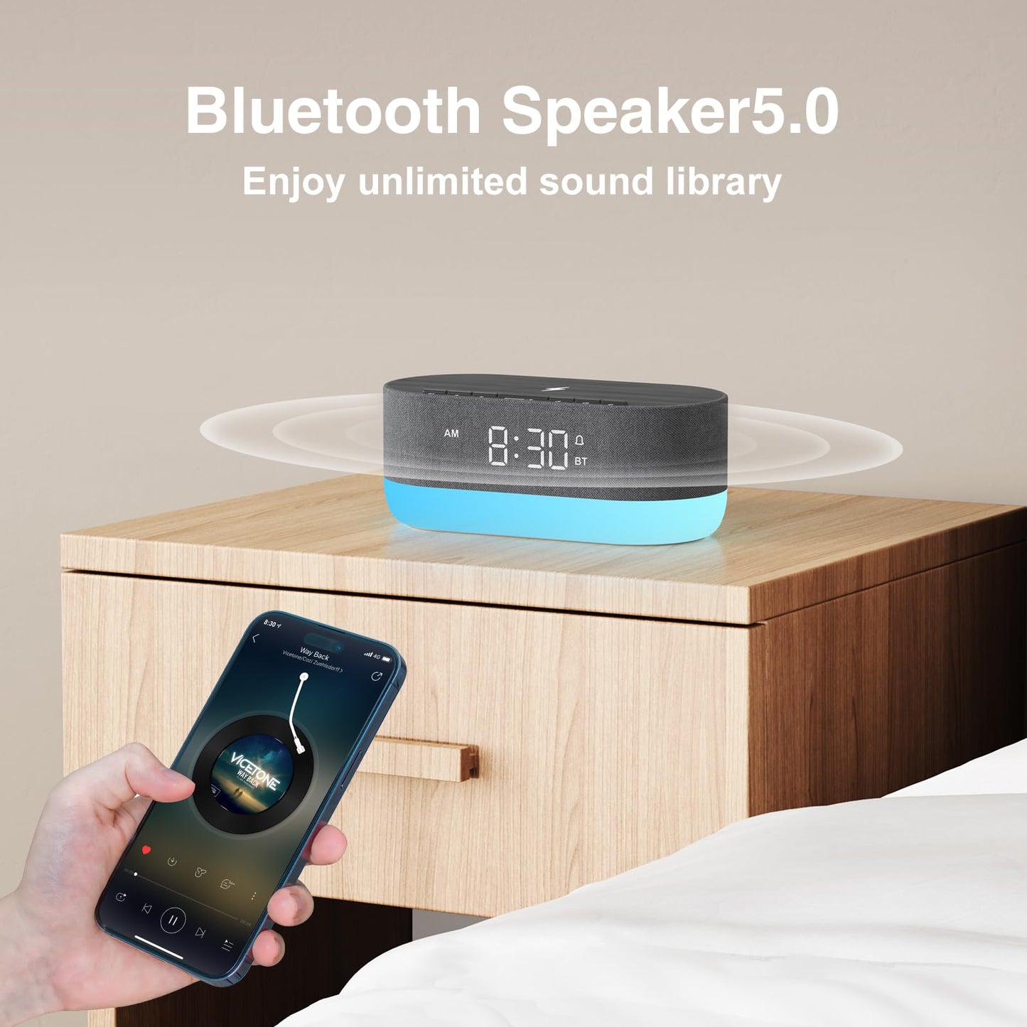 HOUSBAY Sound Machine with Alarm Clock for Bedrooms, Dual Speakers, 21 HiFi Sounds, 10W Wireless Charger, Unlimited Sound, Bluetooth, 10 Night Light, White Noise Machine for Sleeping, Black