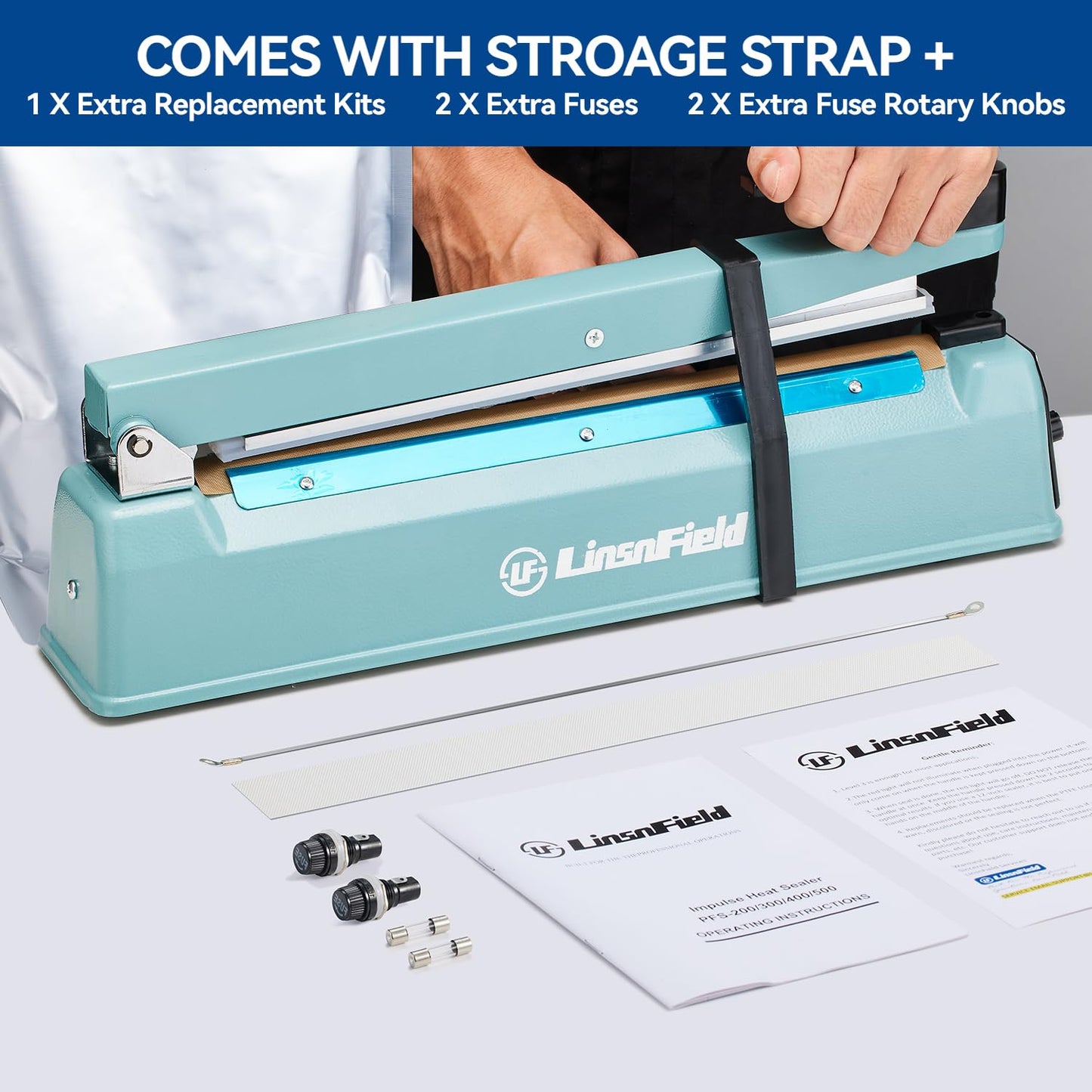 LinsnField Commercial Bag Sealers 12 inch, 2mm Sealing Width Iron Impulse Sealer, Heavy Duty Manual Shrink Wrap Heat Sealer Machine with 1 Replacement Kits 2 Fuses, Blue