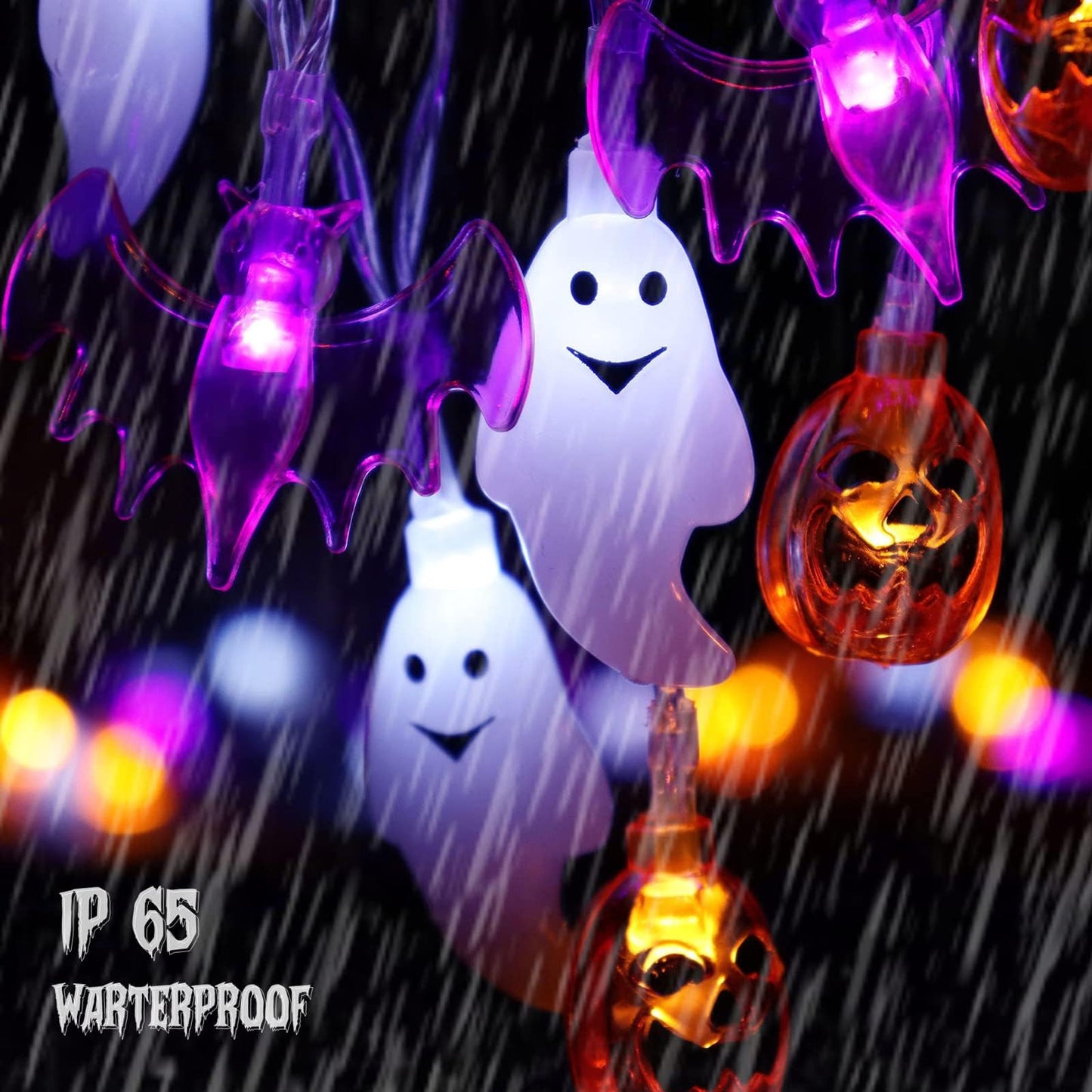 Zimati Halloween String Lights, 16 FT, 30 LED, 3D Pumpkin Bat Ghost, Battery Operated, 8 Lighting Modes, Orange/Purple/White, Model ZM001