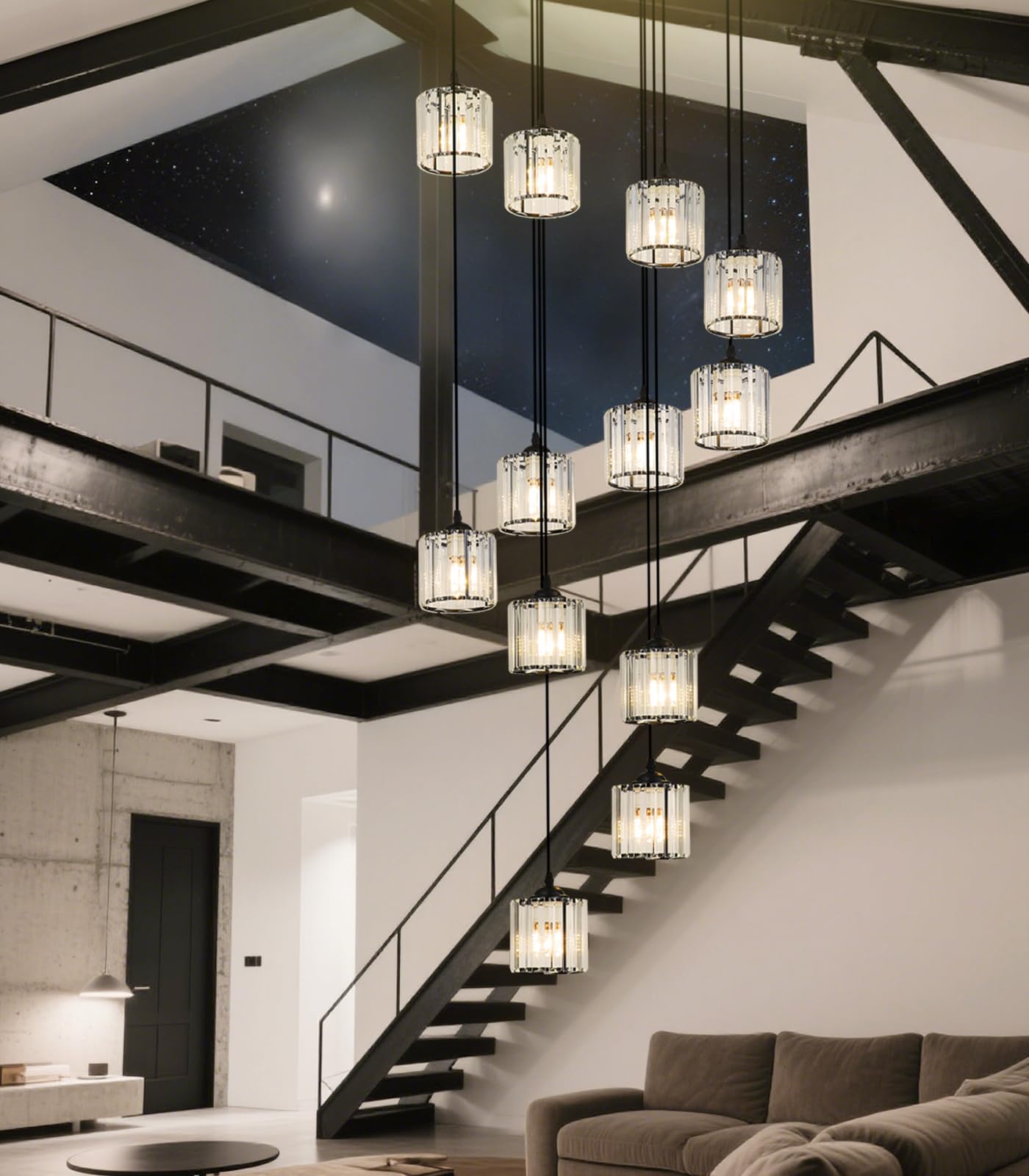 Meimond Long Chandeliers For High Ceilings Modern Crystal Pendant Light Raindrop Drop Lamp Hanging Flush Mount Lighting Fixtures For Spiral Staircase Foyer Entryway Living Room Black (12 Lights)