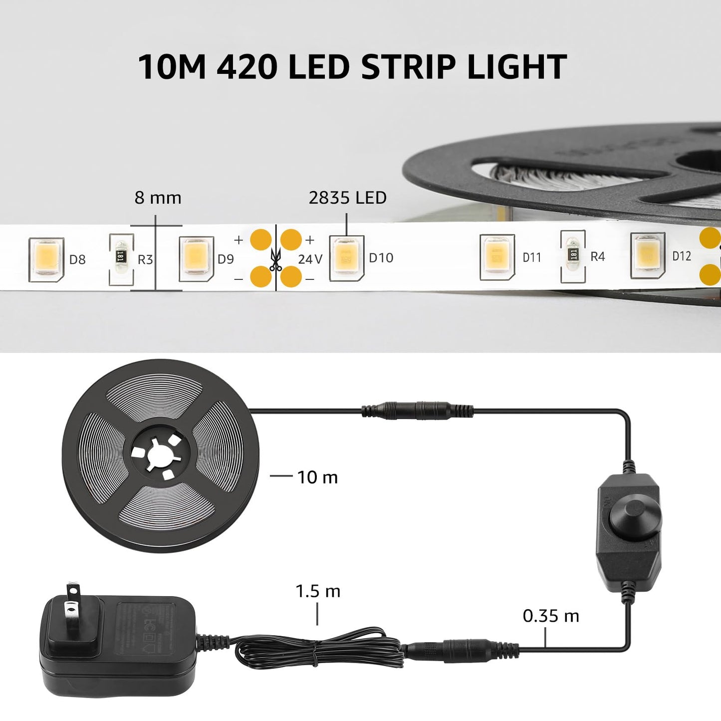 Lepro LED Strip Light, 32.8Ft Dimmable Vanity Lights, 6000K Super Bright LED Tape Lights, 600 LEDs SMD 2835, Strong 3M Adhesive, Suitable for Home, Kitchen, Under Cabinet, Bedroom, Daylight White