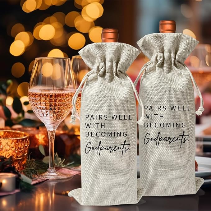 Godparents Poposal Gift, Wine Bag for Wine Bottle Gift, Becoming A Godparents, Baptism Decor, Pregnancy Announcement or Baby Announcement Gift for New Godparents, Baby Shower or Party Favor