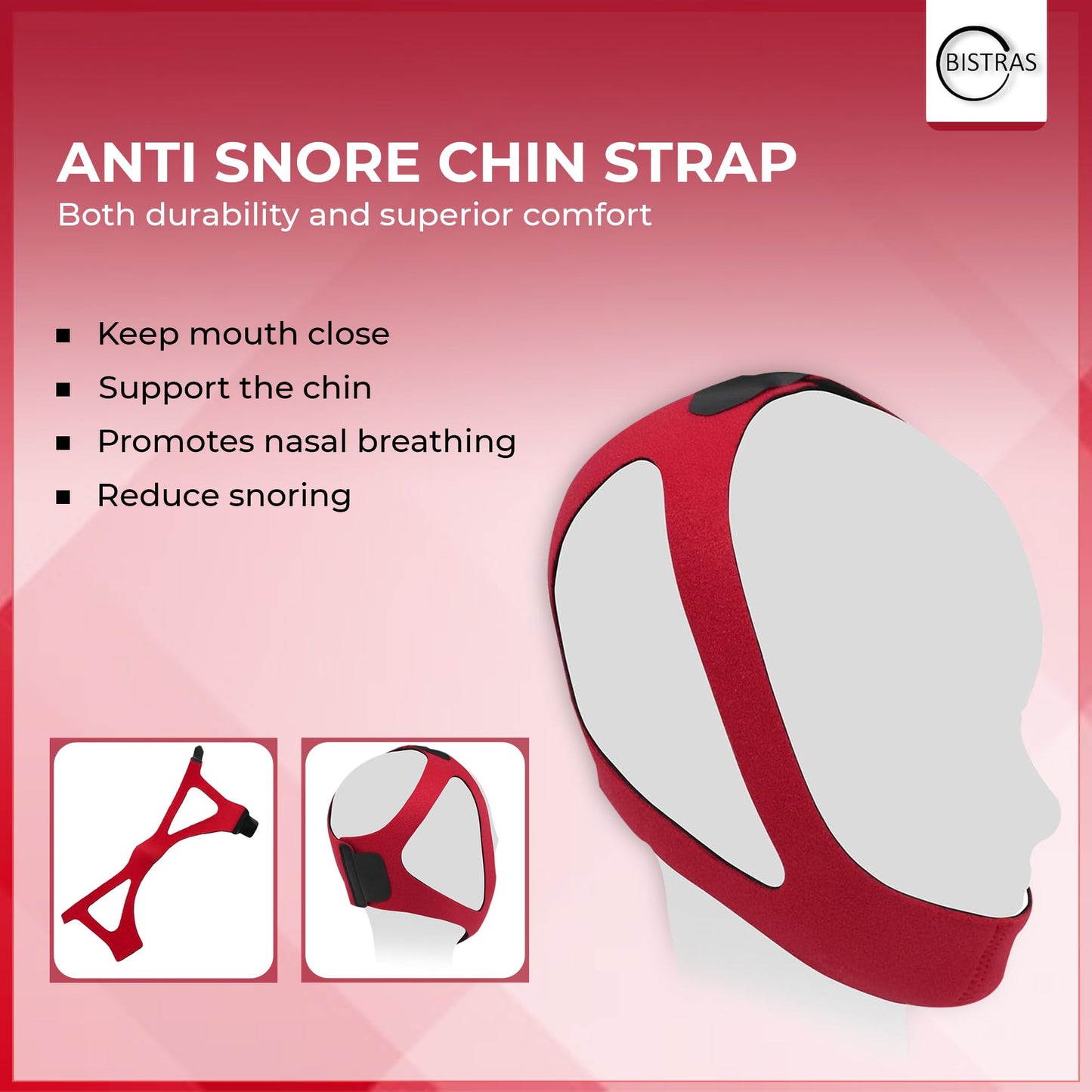 Bistras Ruby Style Adjustable Chin Strap for Cpap Users Anti Snoring Chin Strap Effective Sleep Aid Device Great Sleeping Solution for Men and Women Keeps Mouth Closed While Sleeping (Large/ex-Large)