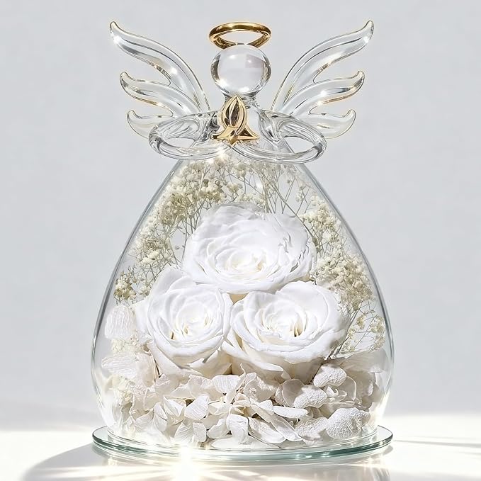 Beferr Valentines Day Rose Gifts for Her Women Mom Gifts for Birthday, Fresh Flowers for Delivery Forever Preserved Rose in Glass Angel Figurine, for Grandma Wife Daughter Girlfriend