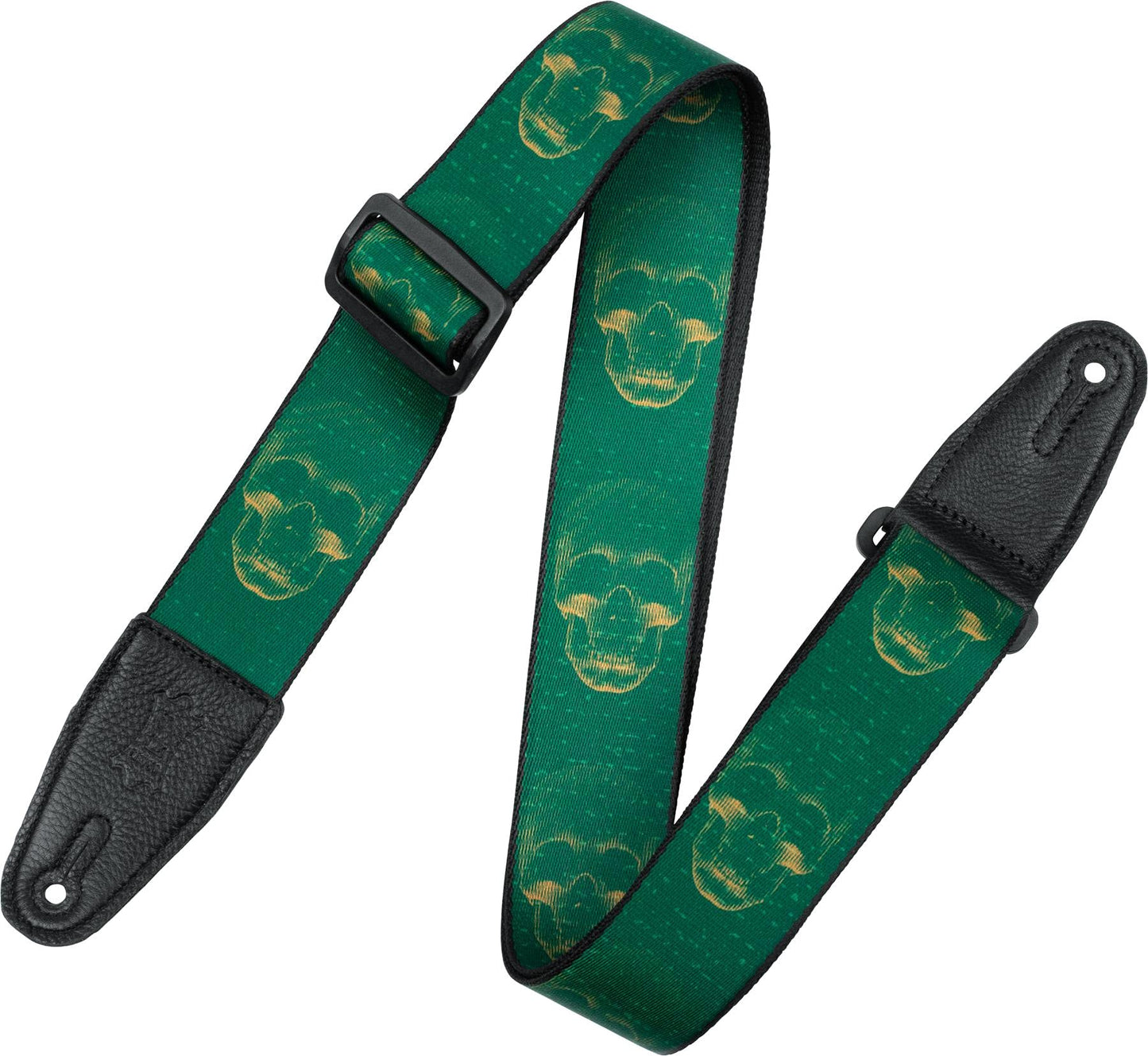Levys Leathers 2 Wide Polyester Guitar Strap with Genuine Leather Ends; Green & Mustard Scanned Skull Motif (MPD2-113)
