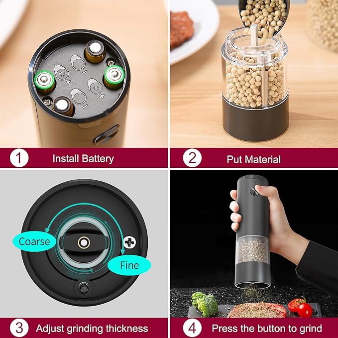 Automatic Electric Salt and Pepper Grinder Set with Adjustable Coarseness, 95ml Capacity, Battery Operated Spice Grinder, Perfect Kitchen Gadget Gift and Housewarming Gift