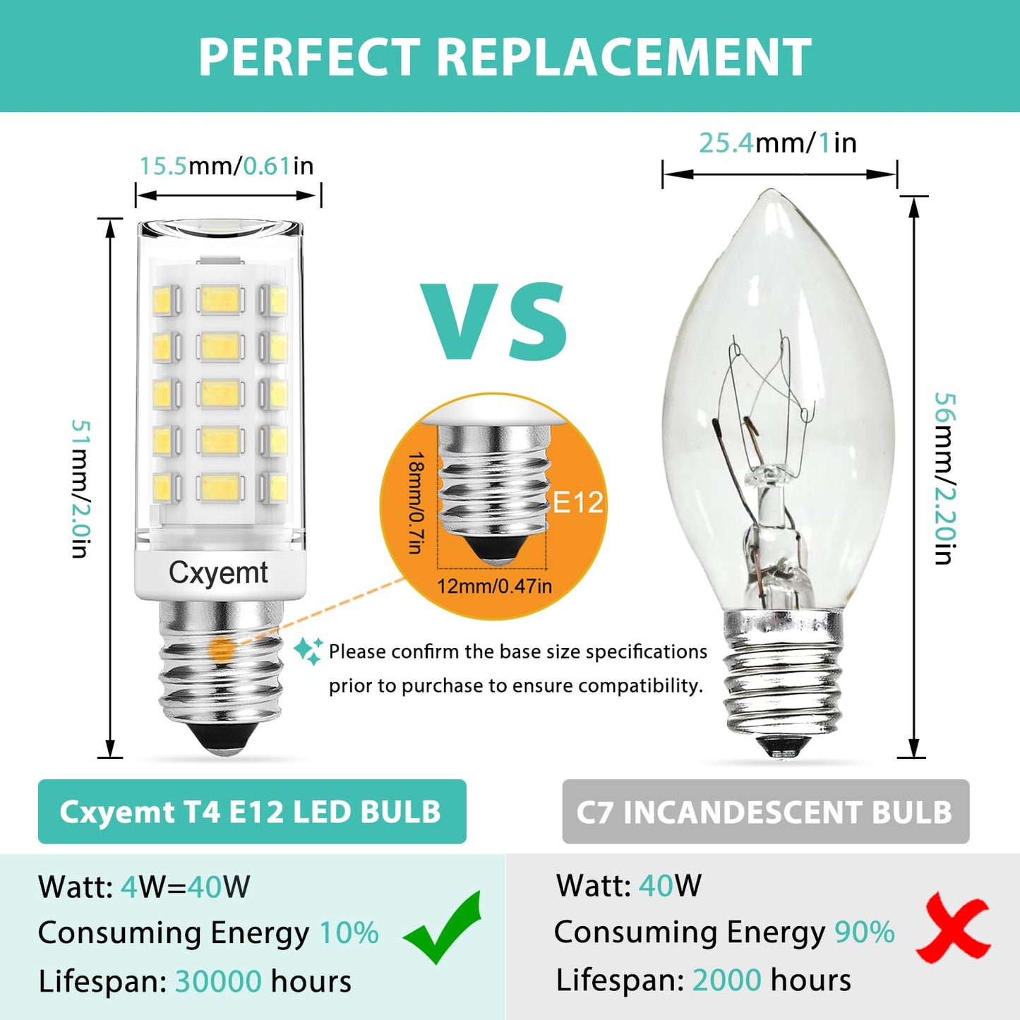 Cxyemt E12 LED Candelabra Bulb 4W 6000K Daylight White T3/T4 Base 6-Pack