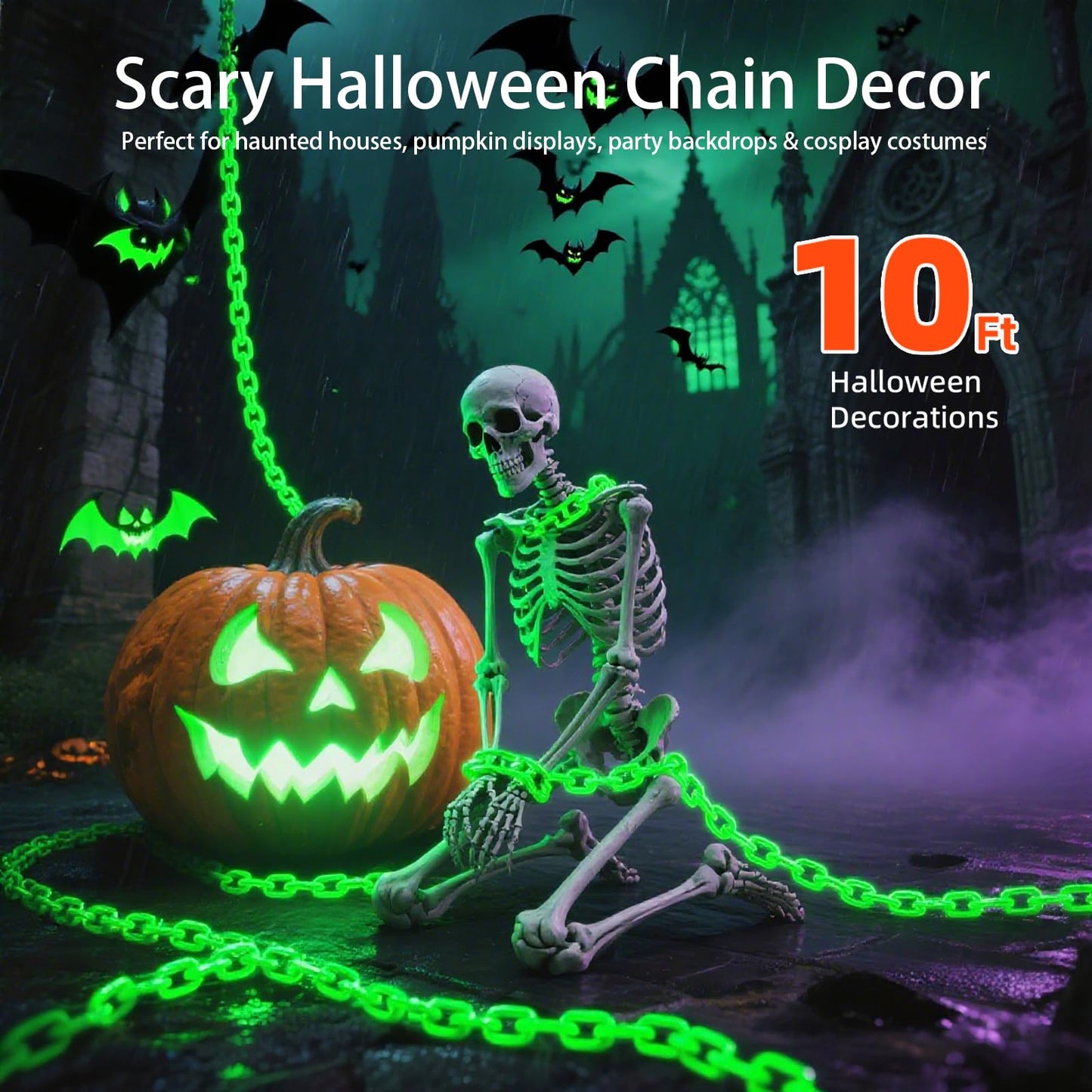 Ohwewant 10Ft Green Chains Battery Operated Halloween Lights  Halloween Decorations Outdoor Indoor  8 Modes Timer Lighted Prop Chains For Party Haunted House Skeleton Dog Creepy Costumes Cosplay