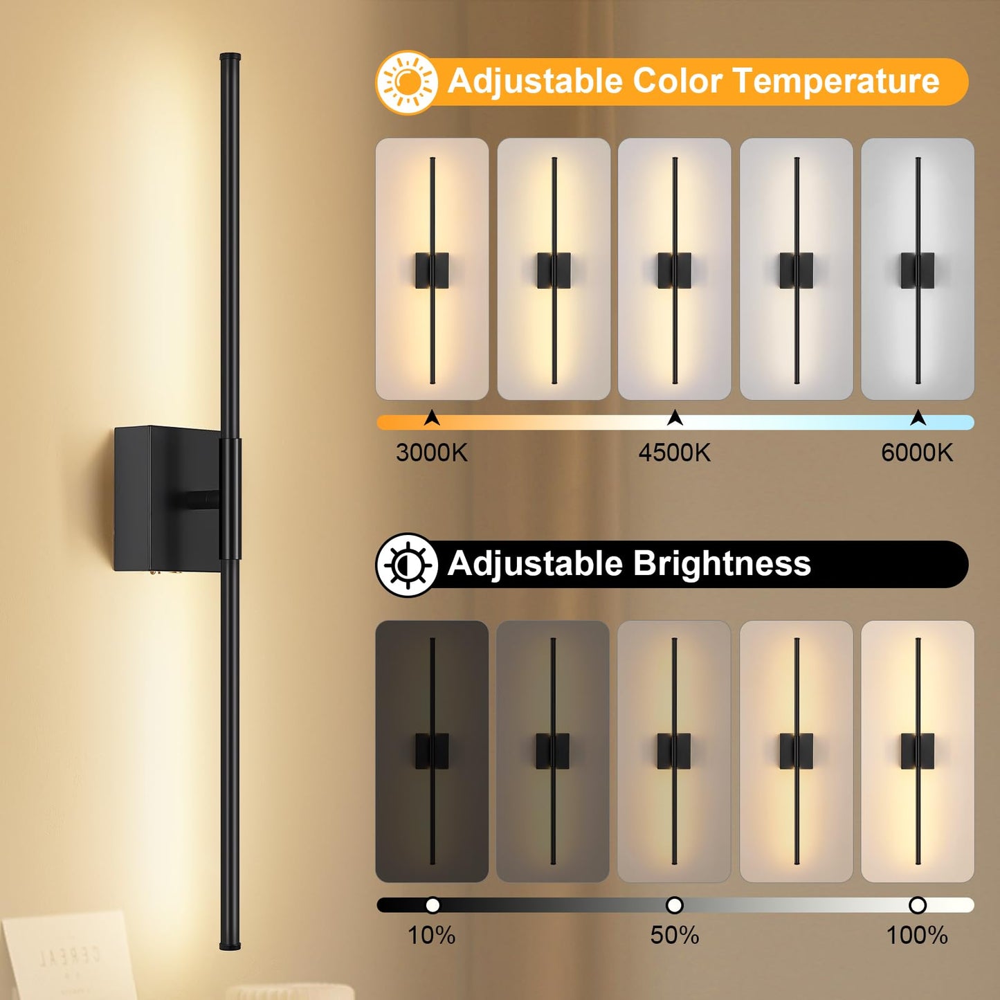 JZEKVN Battery Operated Wall Sconce Set of Two, Dimmable 3000K-6000K, 29.1in Black Metal, Remote Control, Model 202411