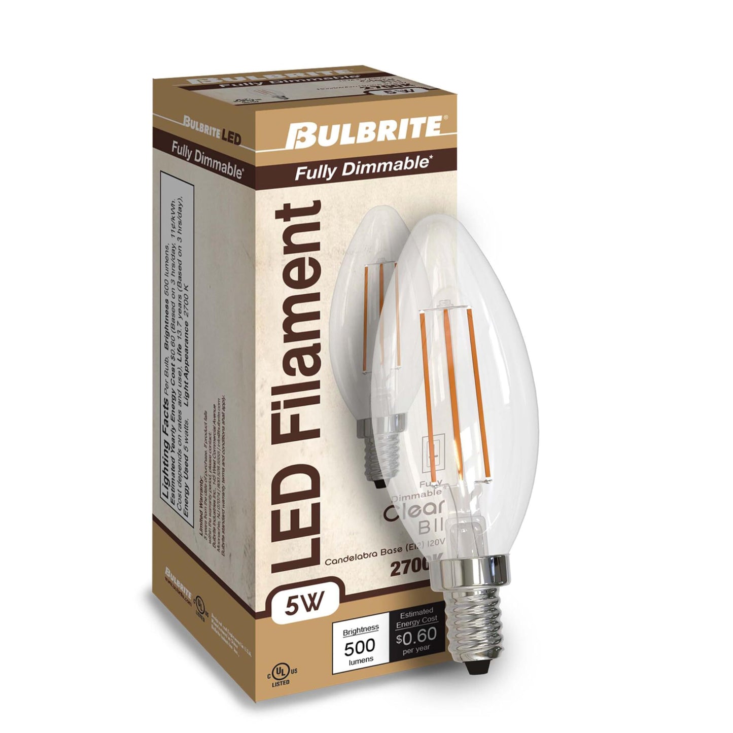 Bulbrite 5W B11 LED Filament Light Bulb, E12 Candelabra Base, 2700K, 500 Lumens, 60W Equivalent, Clear, 4 Pack