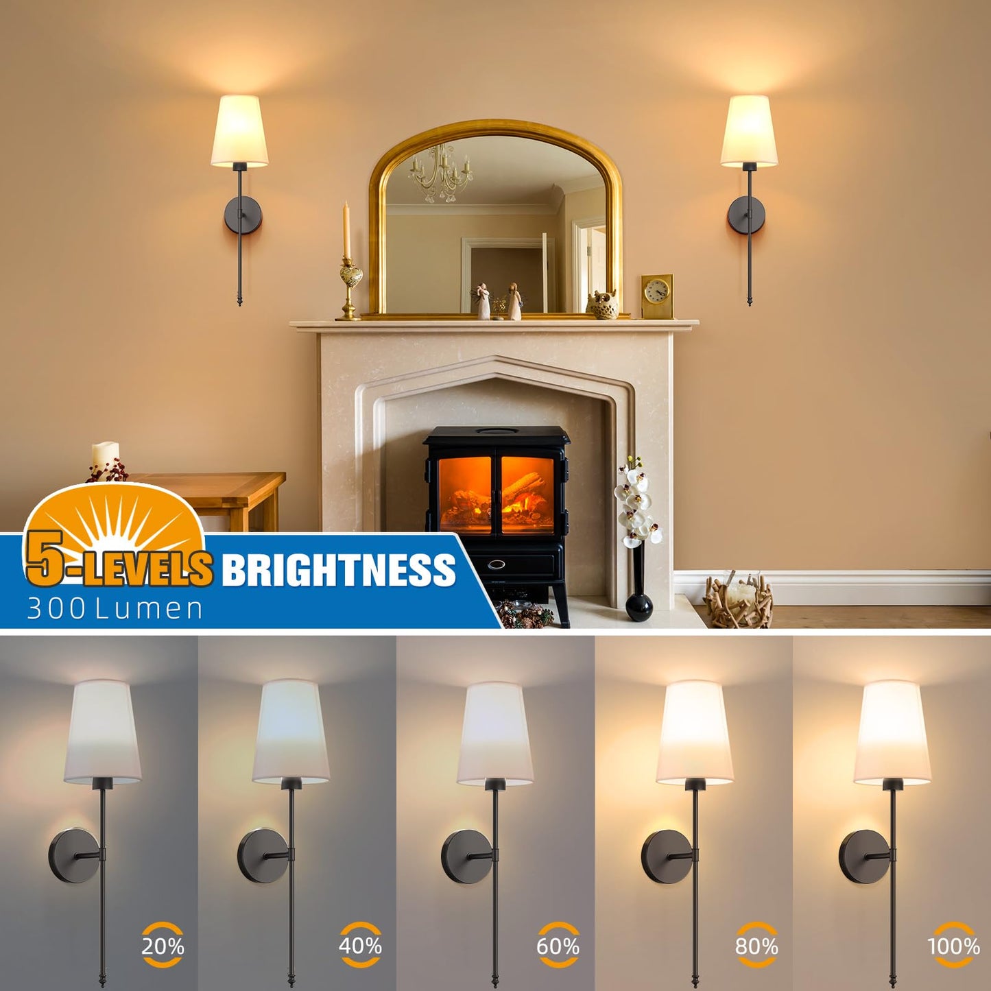 NIORSUN Wall Sconce Set of 2, 25.4 inch Black Battery Operated Lights, Dimmable Detachable Bulbs, Remote Control, Model SW039