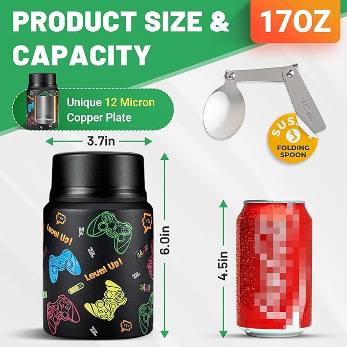 Charcy 17oz Thermo for Hot Food, Soup Thermo Food Container for Lunch Box with Folding Spoon ZB - Black Game