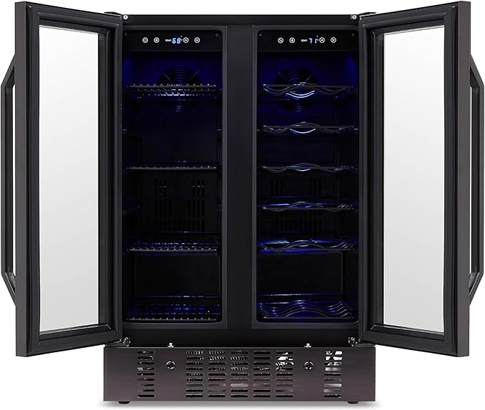 NewAir 24" Dual Zone Wine and Beverage Refrigerator, 18 Bottle & 58 Can, French Door Built-In Fridge with Lock, Black Stainless Steel Cooler, Digital Thermostat, Adjustable Shelves