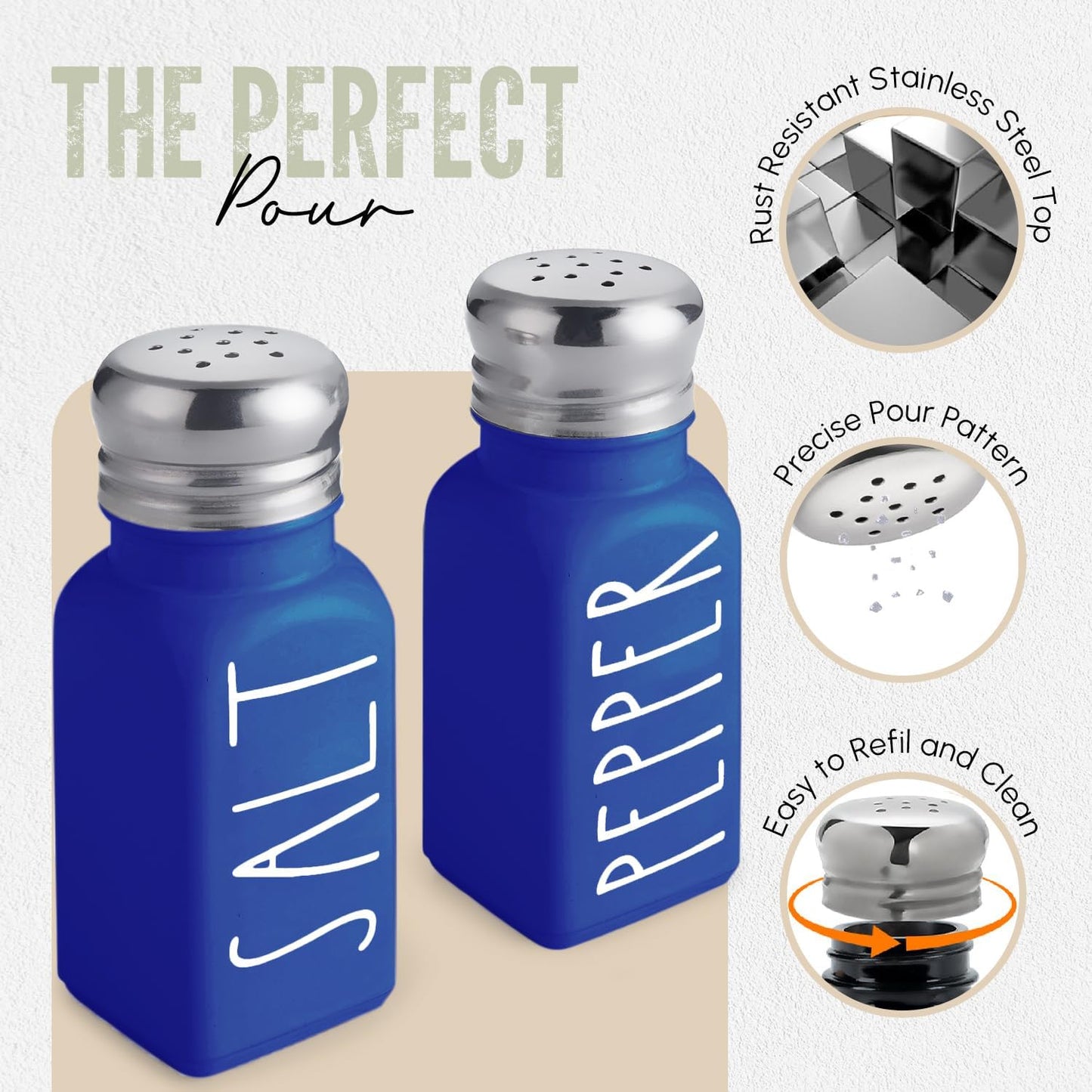 Blue Salt and Pepper Shakers Set by Brighter Barns - Cute Glass Shakers with Stainless Steel Lids - Modern Farmhouse Kitchen Decor and Accessories for Home, Restaurants, Hotel, Vacation Rental (Blue)