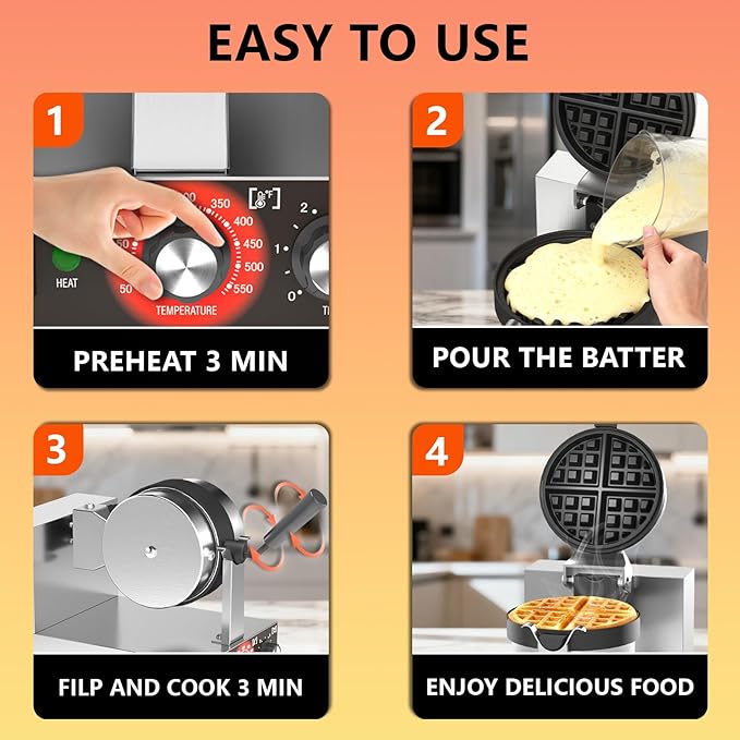 Belgian Waffle Maker, 110V Industrial Waffle Maker w/Non-Stick Coating and Adjustable Temperature (122-572°F), 1200W Rotary Commercial Waffle Machine w/Timer, Restaurants and Food Trucks