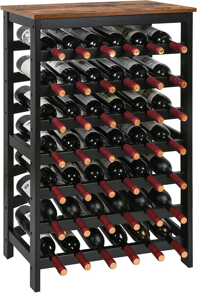 VASMIA 42 Bottles Bamboo Wine Rack,7-Tier Wine Rack Freestanding Floor with Table Top, Wine Storage Shelf for Kitchen Dining Room Bar,Rustic Brown and Black