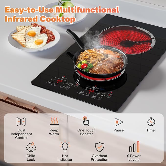 Alemania 12 inch Electric Cooktop 2 Burner Infrared Stove, 2000W Plug in Hotplate Double Heating Elements Stove for Cooking, 120V Ceramic Hot Plate, Built-in and Countertop Compatible