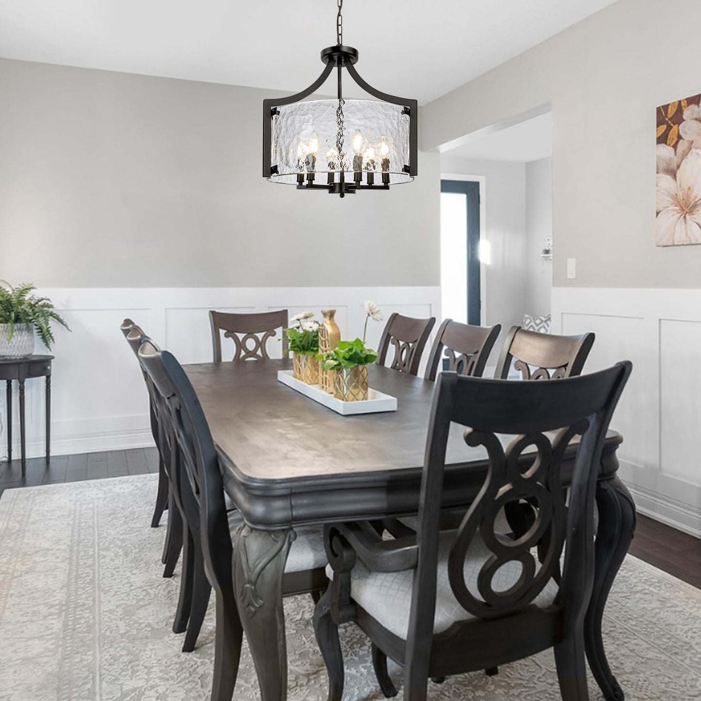Wbindx 6-Light Glass Chandelier For Dining Room  19.3 Modern Black Foyer Chandelier Convertible Semi Flush Mount Ceiling Light  Farmhouse Pendant Lighting For Entryway Foyer Bedroom Kitchen