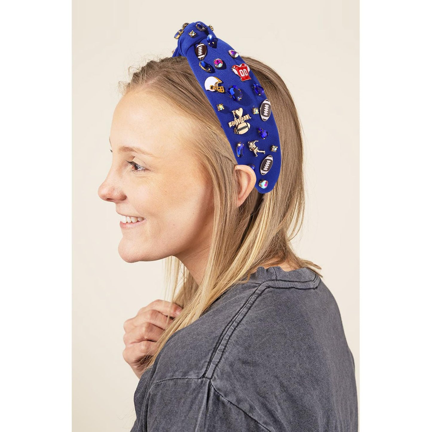 mokkia Football Headband for Women Football Mom Accessories Crystal Rhinestone Jeweled Wide Top Knot Headband Game Day Sports Ha