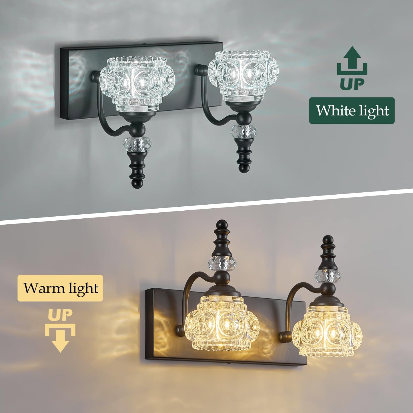 Lbsqj Modern Glass Crystal Bathroom Vanity Light Indoor Wall Lamp Black Vintage Wall Sconces 2-Lights Vanity Lighting Wall Mounted Sconce Wall Lighting