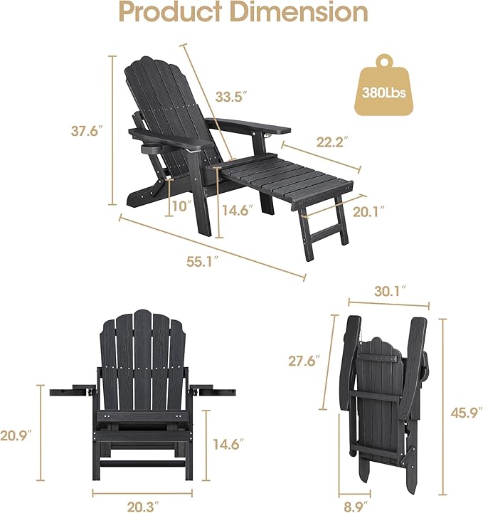 Folding Adirondack Chair with Retractable Ottoman Fire Pit Patio Chair with Adjustable Backrest, 2 Cup Holder Weather Resistant Outdoor, Patio, Lawn, Garden, Backyard Deck, Fire Pit, Black