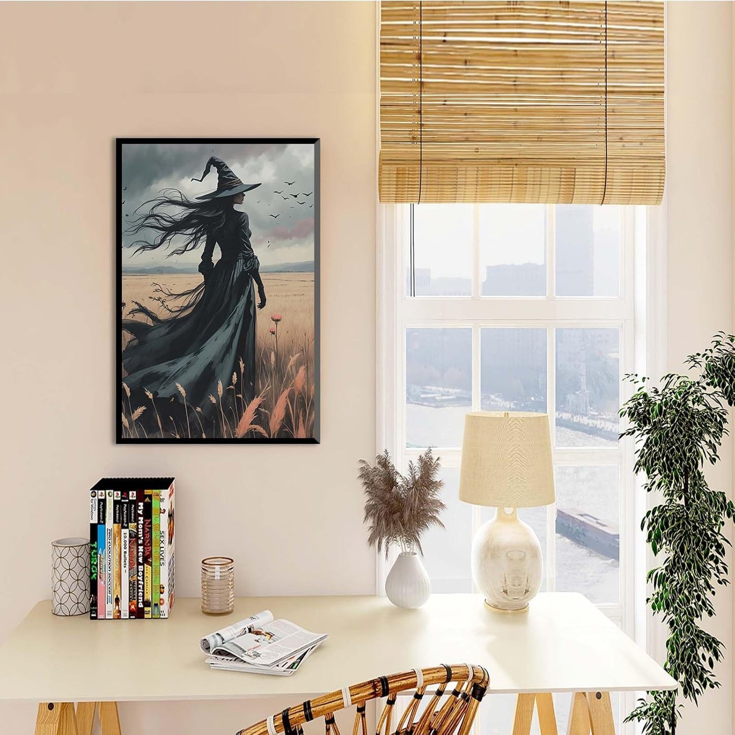 JFHCQJPK Gothic Decor Canvas Wall Art Witch in Rice Field Halloween Art Decor Print Nature Print Victorian Home Bedroom24x36in Metal blackFramed