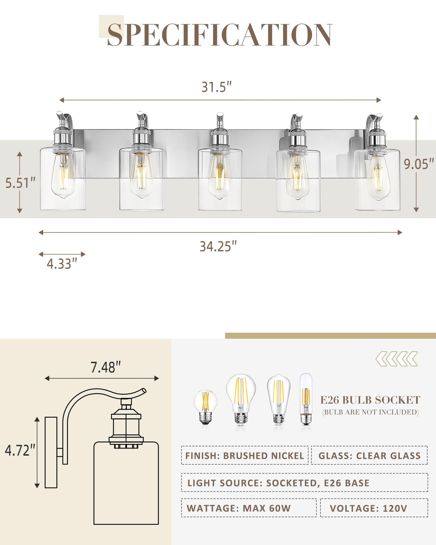 Jazava 5 Light Bathroom Vanity Light  Brushed Nickel Vanity Lights For Morden Bathroom Lighting Fixtures Over Mirror Wall Light Fixtures With Clear Glass Shade Zcvl01Bn-5