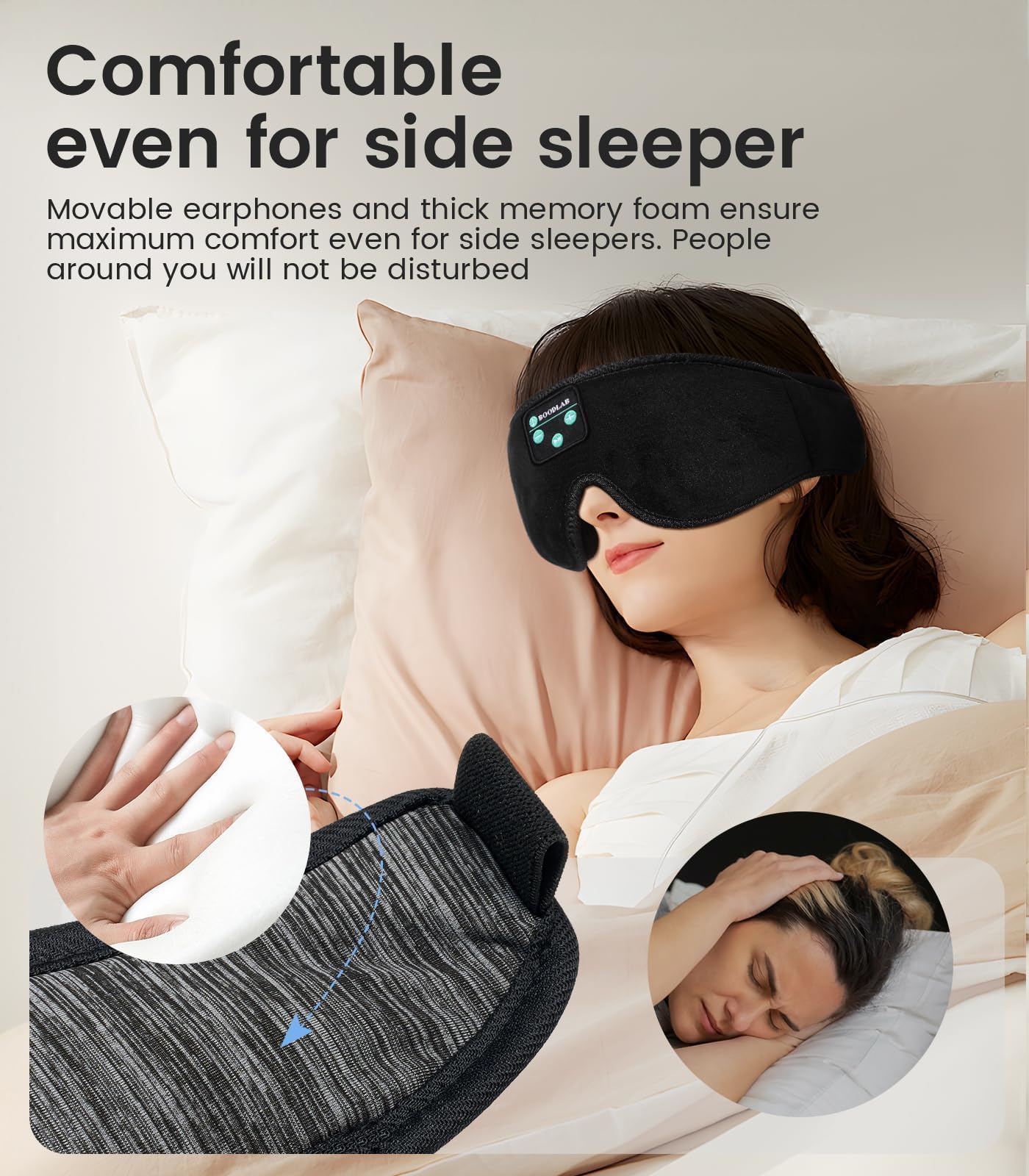 Boodlab Bluetooth Sleep Mask, Sleep Mask with Bluetooth Headphones, Sleeping Headphones for Side Sleepers Travel Yoga, Cool Tech Gadgets Unique Gift for Valentine's Mother's Day Birthday Christmas