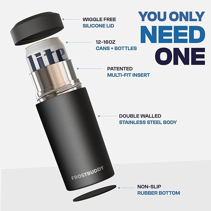 Frost Buddy Universal Can Cooler - Fits all - Stainless Steel Can Cooler for 12 oz & 16 oz Regular or Slim Cans & Bottles - Stainless Steel (Pebble)