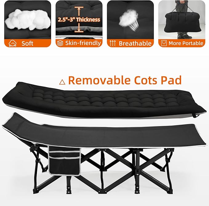 Portable Camping Cot, Sleeping Cot for Adult, 28" Extra Wide Heavy Duty Folding Cot with Thick Mattress, Portable Camping Bed for Outdoor Camping/Office, Home Nap 2Pcs (Black)