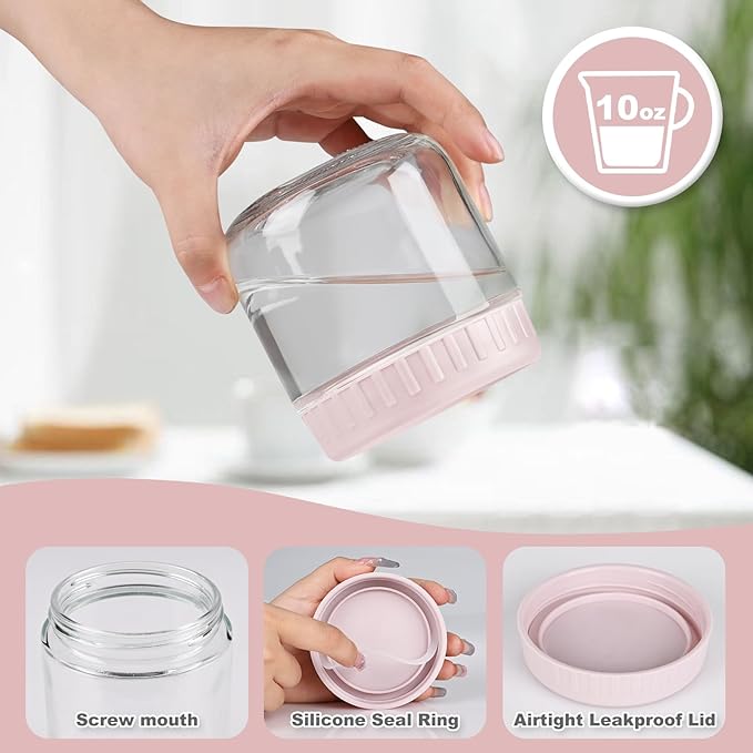 Overnight Oats Containers with Lids, 10oz Glass Jars with Lids 4 pcs, Wide Mouth Mason jars for Salad, Yogurt, Snacks, Meal Prep