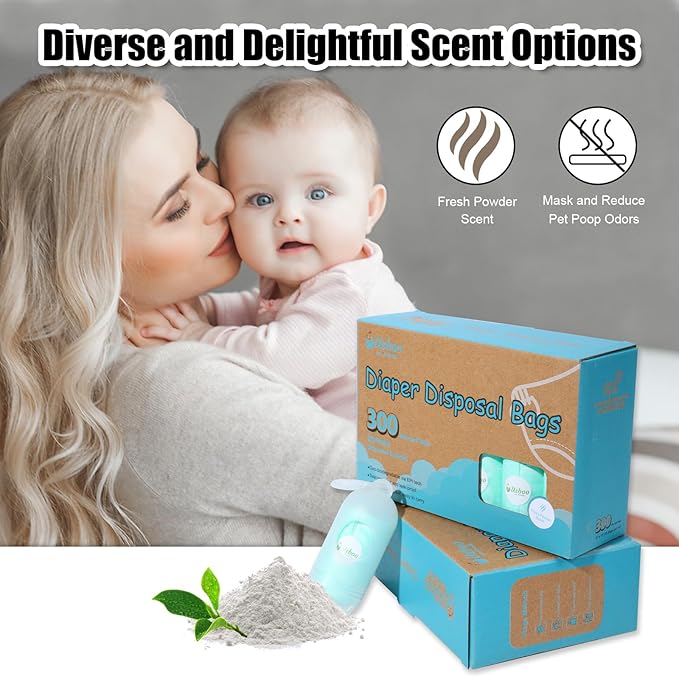 Diaper Bags Disposable for Baby - 20 Refill Rolls (300 Pack) Diaper Trash Bags with Dispenser, Diaper Bag Accessory, Fresh Powder Scent