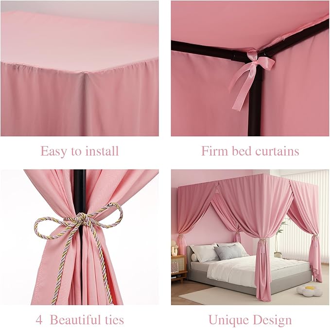 Pink Canopy Bed Curtains - 4 Corner Post Bed Curtains Queen Lightproof Drapes Bed Canopy Curtains with Tie Backs for Adults & Girls Bedroom Decoration(Pink,Queen)