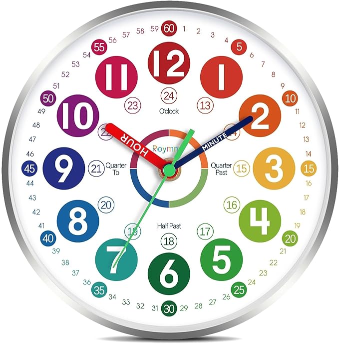 Wall Clock for Kids Learning - Teaching Time Wall Clocks Battery Operated Silent Non Ticking - Analog Colorful Clock Decorative for Kids Room Classroom School(10 Inch&Silver)