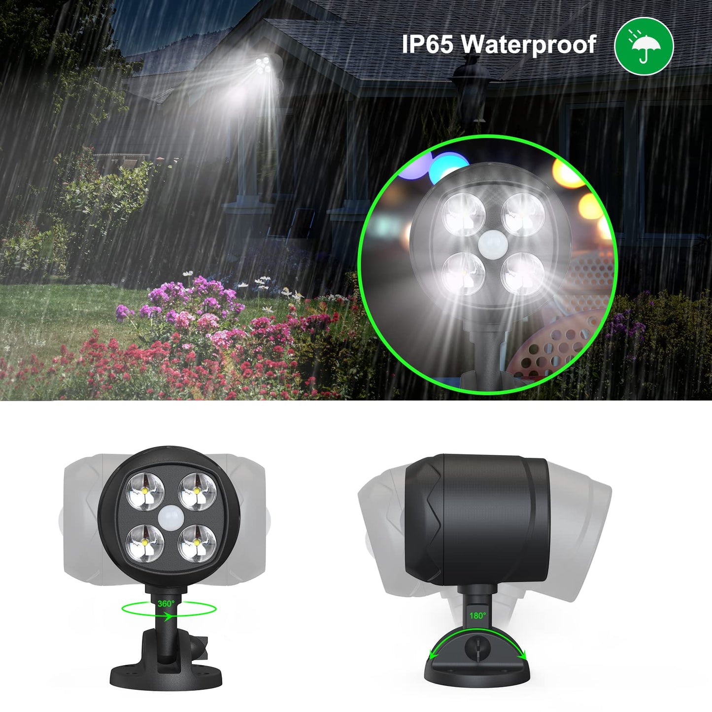 Quiltered Motion Sensor Outdoor Lights, Battery Operated Outdoor Light, 600LM Motion Detector Lights for Outside, 6000K LED Security Light Battery Powered Spotlight for House Wall, Black(2 Pack)