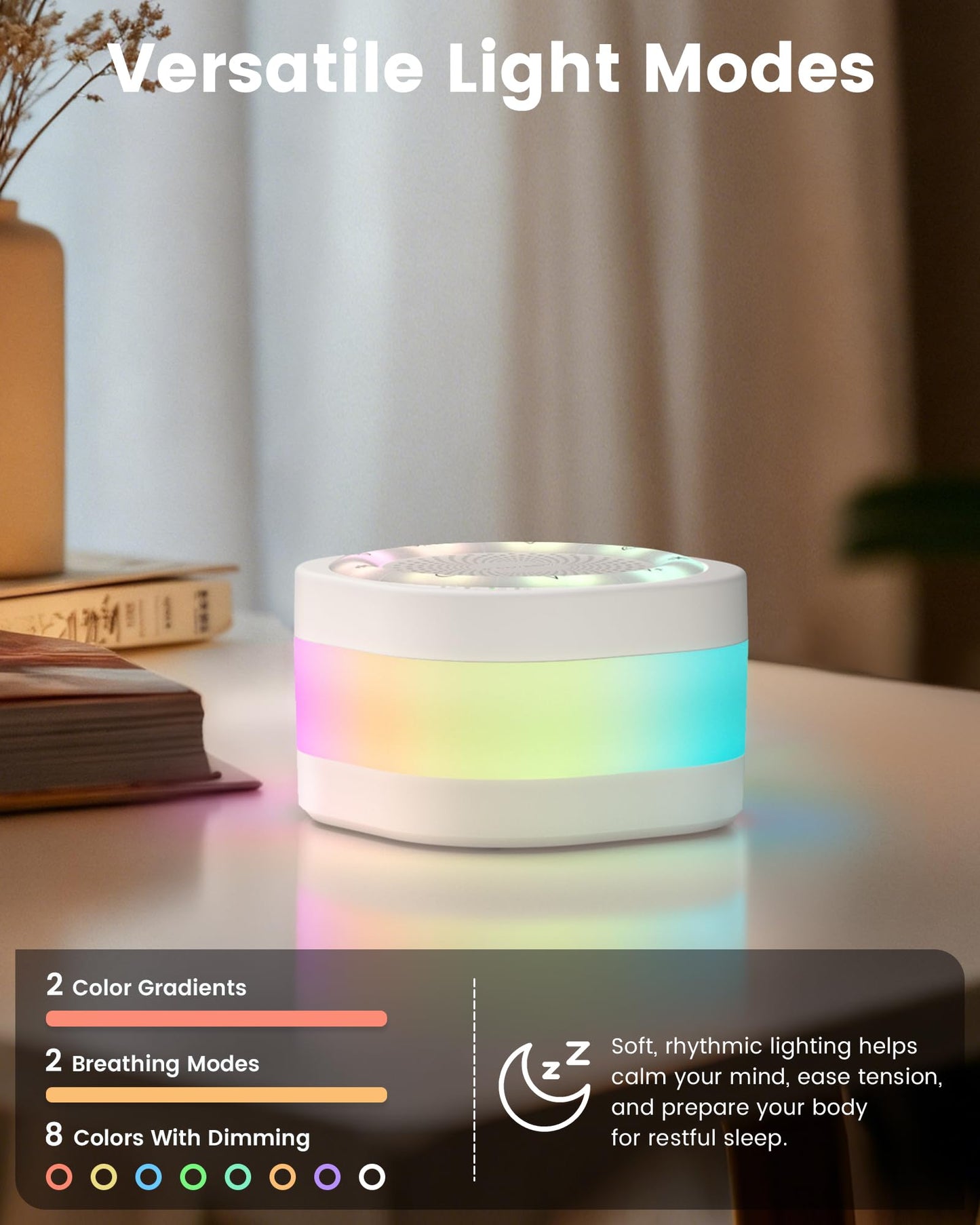 Glocusent White Noise Sound Machine for Sleep, 44 Sounds Includes White Pink Brown Noises & Alpha Brainwaves, Dual-Track Combination for Baby Kids & Adults, 2 Gradient, Breathing & 8 Static Colors