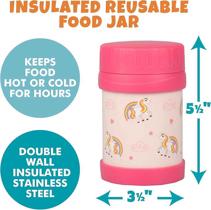 Bentology Stainless Steel Insulated Lunch 13 oz Thermos for Kids – Large Leak-Proof Storage Jar Container for Hot & Cold Food, Soups, Liquids - BPA Free - Fits Most Lunch Boxes and Bags - Unicorn