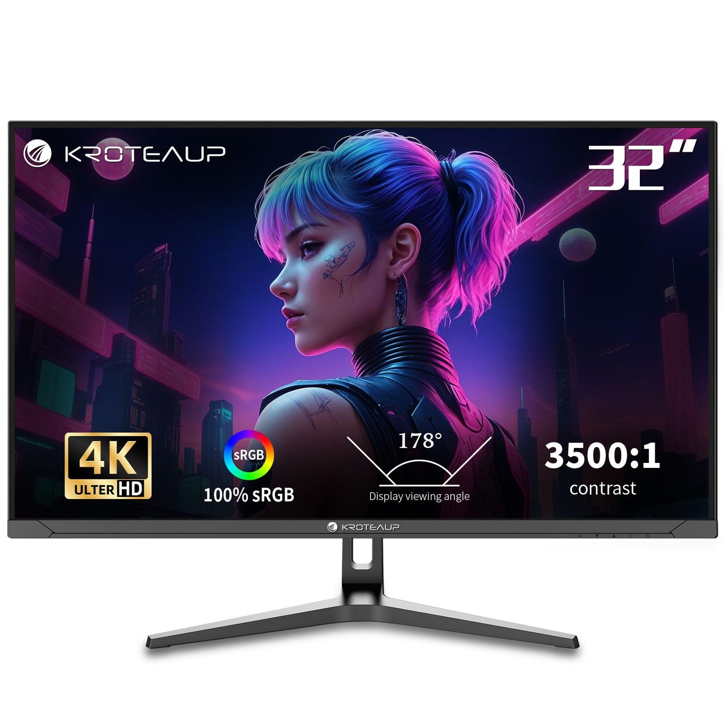 Kroteaup 32 Inch UHD Gaming Monitor, (3840 X 2160) Computer Monitor, HDR400, DCI-P3 86%，100% sRGB, Eye Care, Freesync, HDMI, Dp Port and Built-in Speaker, Support Wall