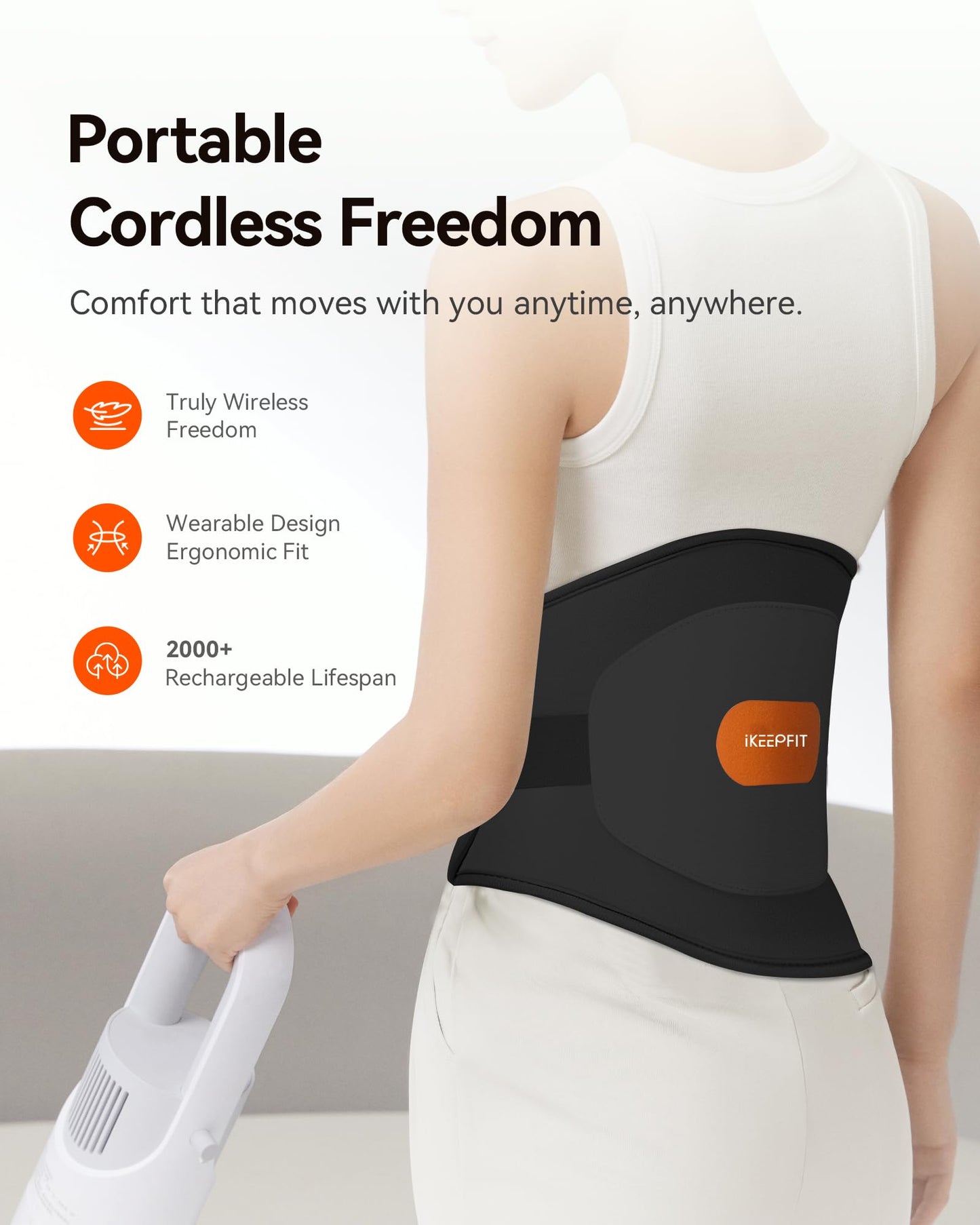 IKEEPFIT Portable Heating Pad for Back, Cordless Wearable Heat Belt with Massager for Lower Back Pain Relief, Battery Powered 8000 mAh Rechargeable, MAXwarm® 3.0, Gift for Women Men 90-310 lbs