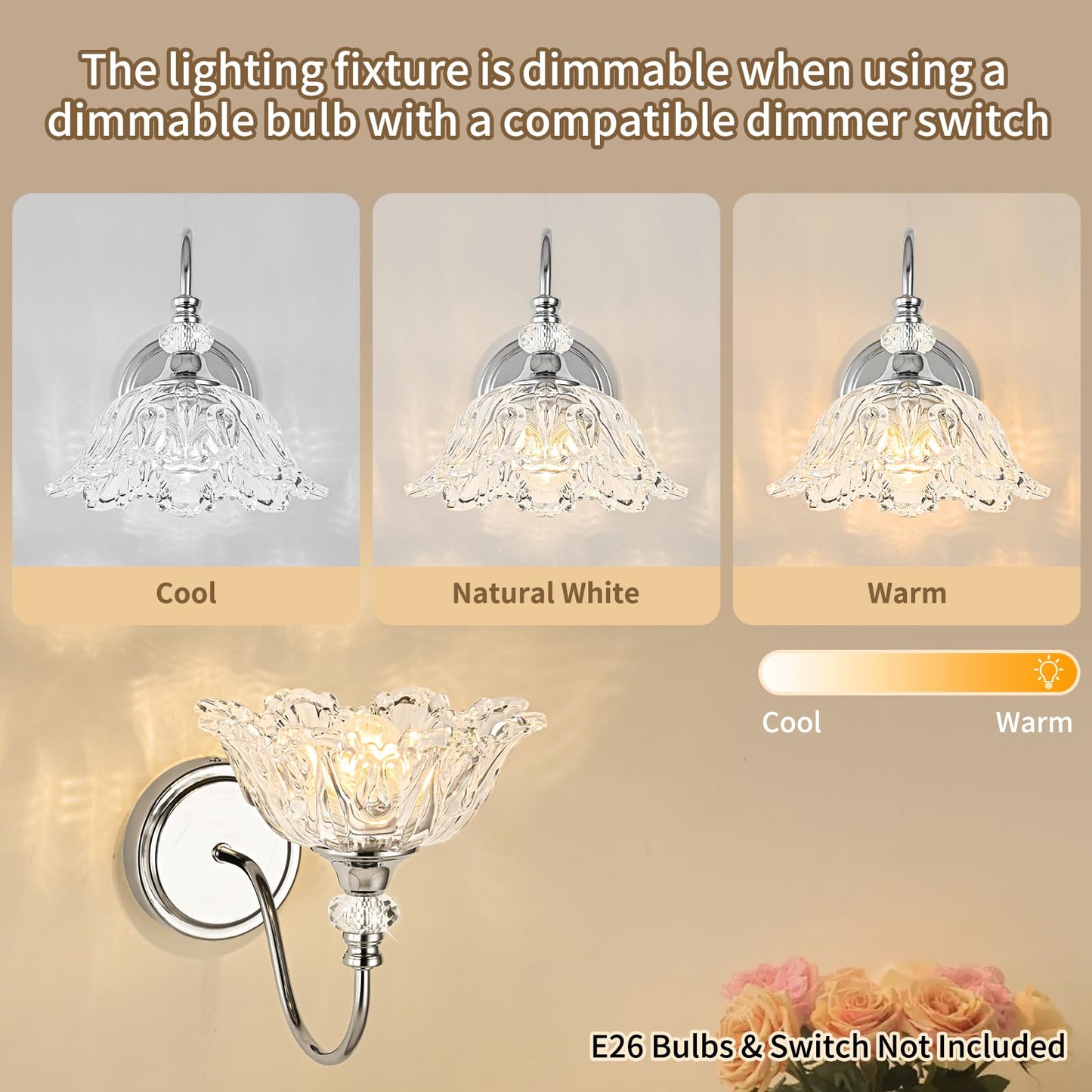 Sunkryster 1 Piece Chrome Wall Sconce With Floral Clear Glass Shade  Modern Wall Mount Lighting For Bathroom Modern Bathroom Vanity Light Fixture