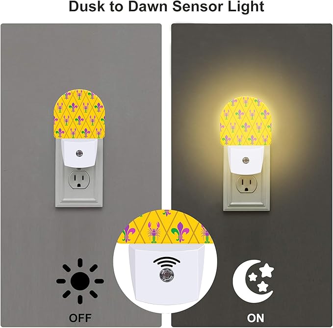 Mardi Gras Carnival Design Night Light, Crayfish and Fleur De Lis Dusk to Dawn Night Light Plug in, 0.5w Energy Saving Sleep Friendly Nightlights for Kids Boys Girls Home Decor