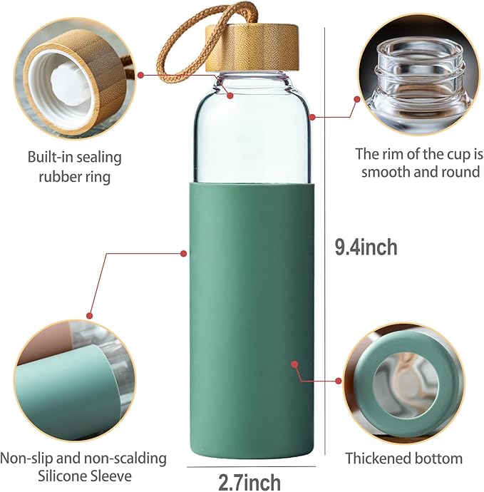 21oz Glass Water Bottle with Silicone Sleeve & Bamboo Lid, BPA Free Reusable Water Bottle Glass for Gym Office Travel, Gift for Fitness Enthusiasts (Green+Pink+Black)