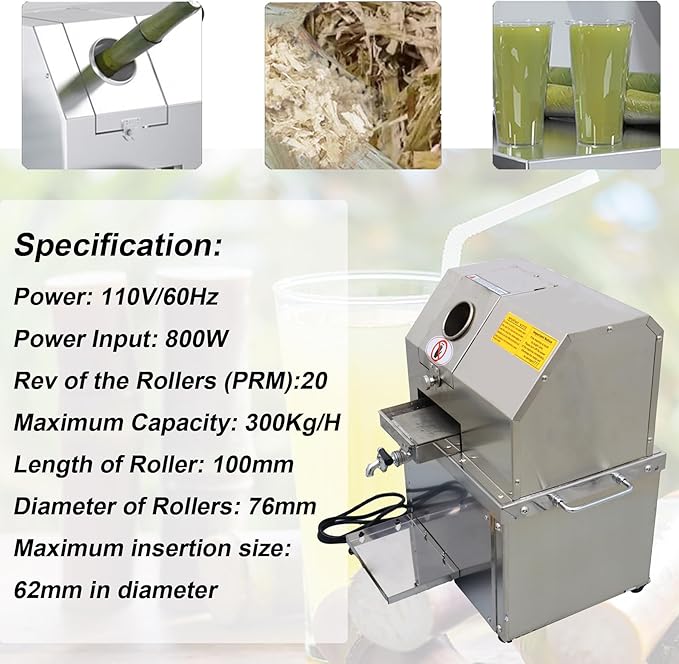 Commercial Sugar Cane Juicer, Electric Sugar Cane Press Machine, 304 Stainless Steel 3-Roller Desktop Sugarcane Juice Extractor with Openable Top Cover for Hotel, Restaurant, Super Market