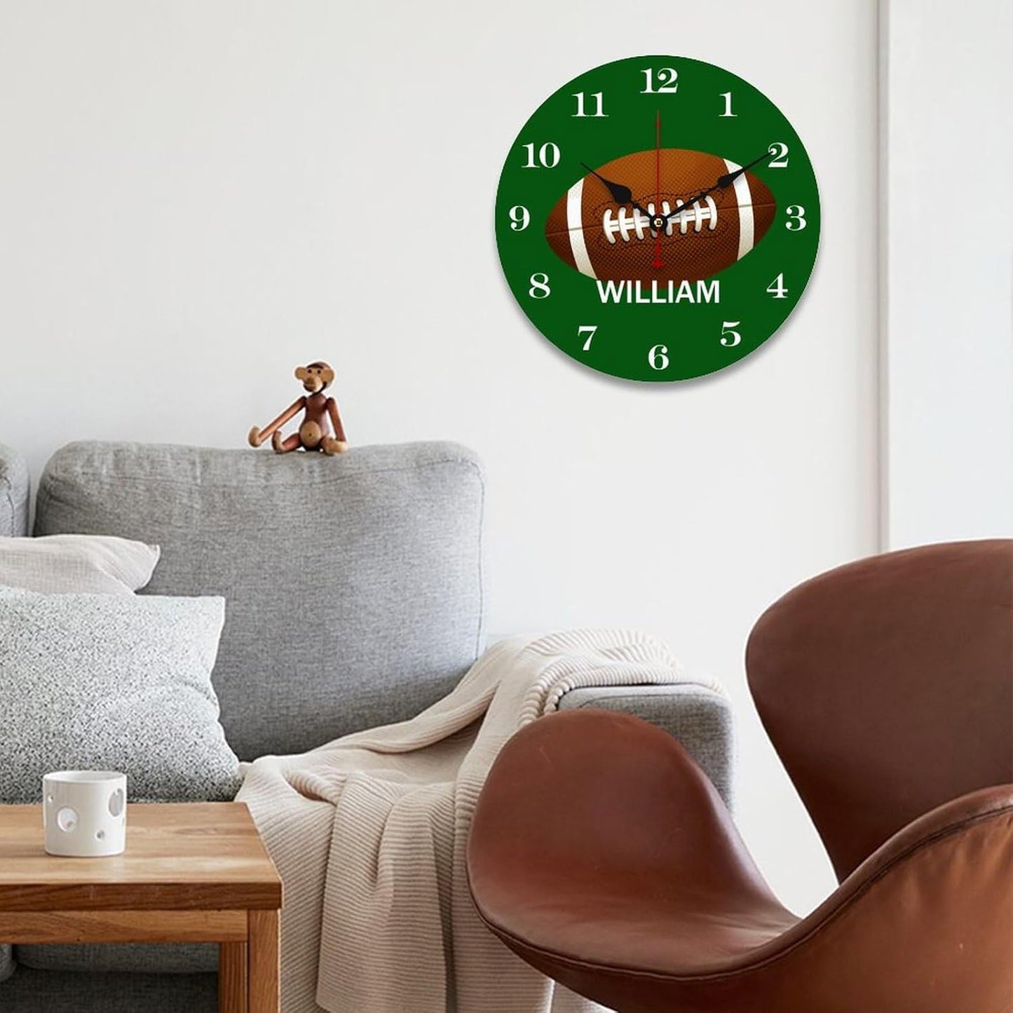 10 inch Personalized Name Football Wall Clocks Battery Operated for Kids Bedrooms Nursery School Playroom Decor,Custom Kids Name Wall Clock,Rugby Wood Round Clock Silent