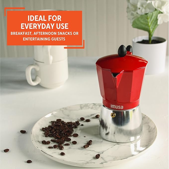 IMUSA USA Red Aluminum Stovetop 6-cup Classic Italian and Cuban Espresso Maker (B120-43T), Silver/Red