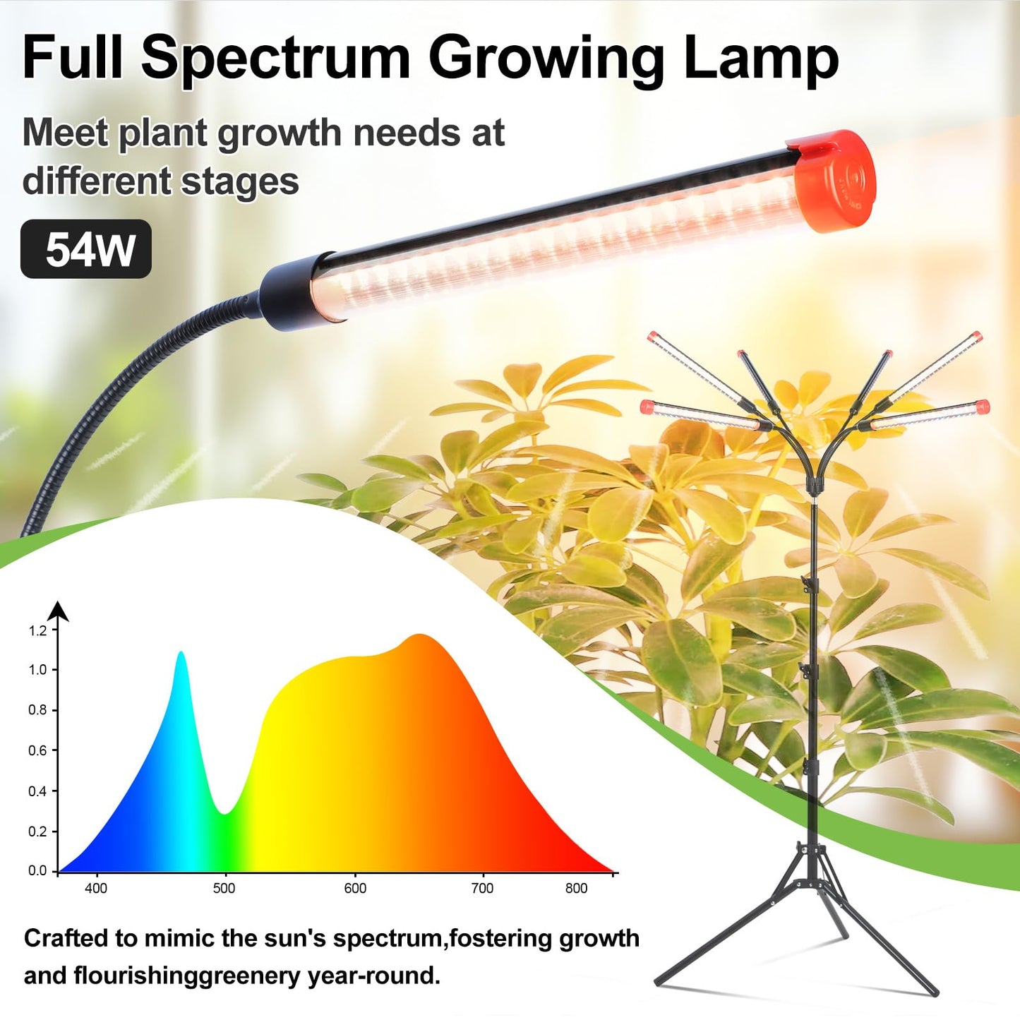 FRGROW 6-Head Grow Lights for Indoor Plants, 54W Full Spectrum, Auto Timer, Tripod Stand, Black, Model ZH_GL_RH