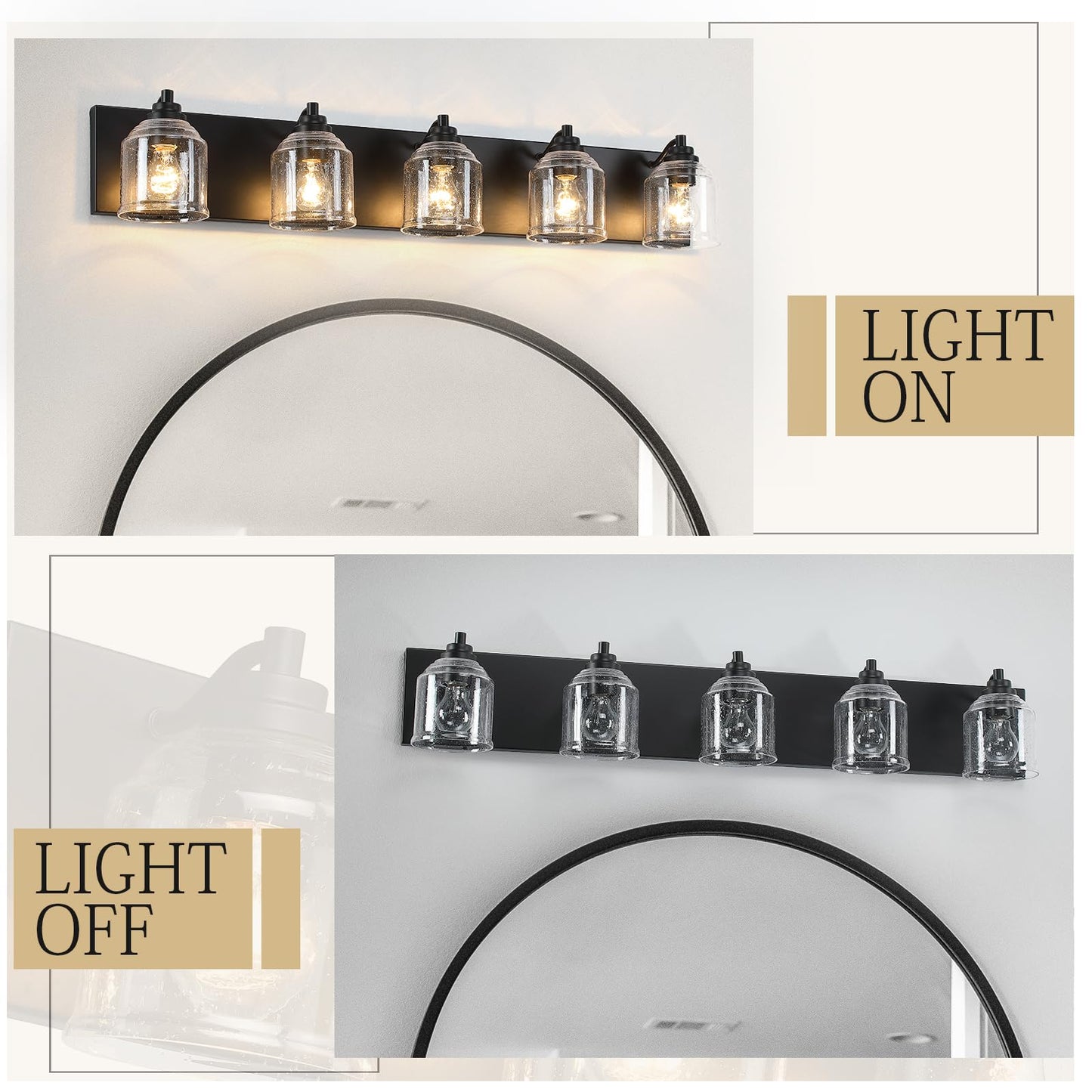 YKLITG Vanity Light 5-Light Black Metal Farmhouse Rustic 40in Bubble Glass Shades BD005 S