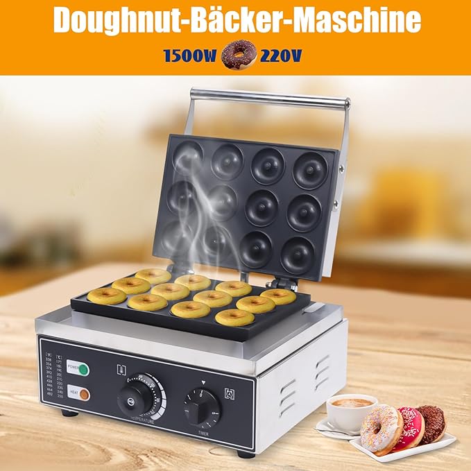 1550W Electric Donut Maker, 12 Hole Nonstick Doughnut Machine Commercial Waffle Maker Crepe Maker for Restaurant Bakeries Family, Temperature Range 122-572℉