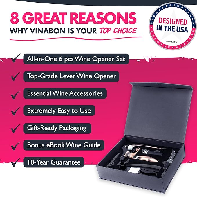 VINABON Wine Opener Set - Premium 2025 All-in-One Wine Bottle Opener Set with Wine Aerator, Foil Cutter, Stopper, Stand - Manual Lever Corkscrews Wine Opener for Wine Bottles with WineGuide eBook