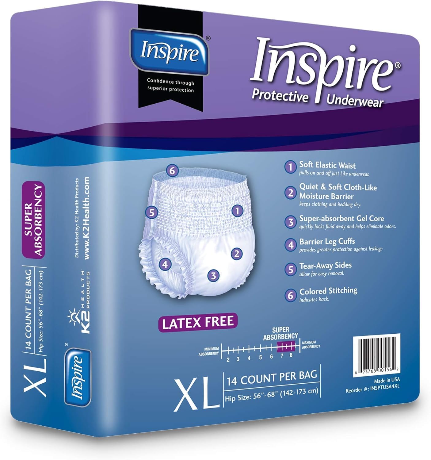 Inspire Protective Underwear for Men and Women with Incontinence | Adult Diapers | Disposable Underwear for Adults | Adult Pull Ups - 4 Bags of 14 | 56 Total (Extra Large)